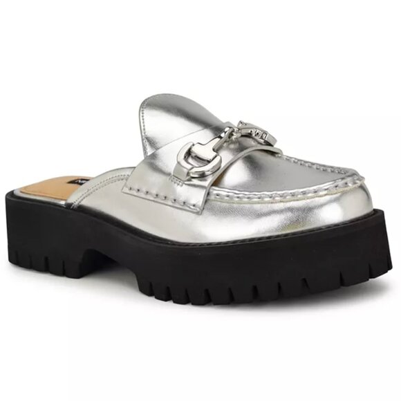 NEW Nine West Women's Duntal Slip-On Round Toe Casual Loafer Mules SILVER - Picture 1 of 7